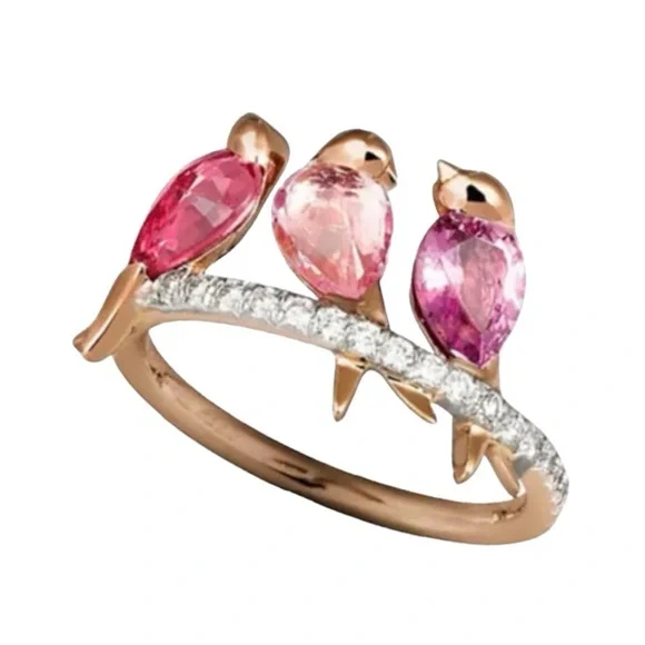 NWT Three Pink Crystal Spring Birds Perched on a Gold Tone Branch Ring Size 7 - Picture 7 of 7